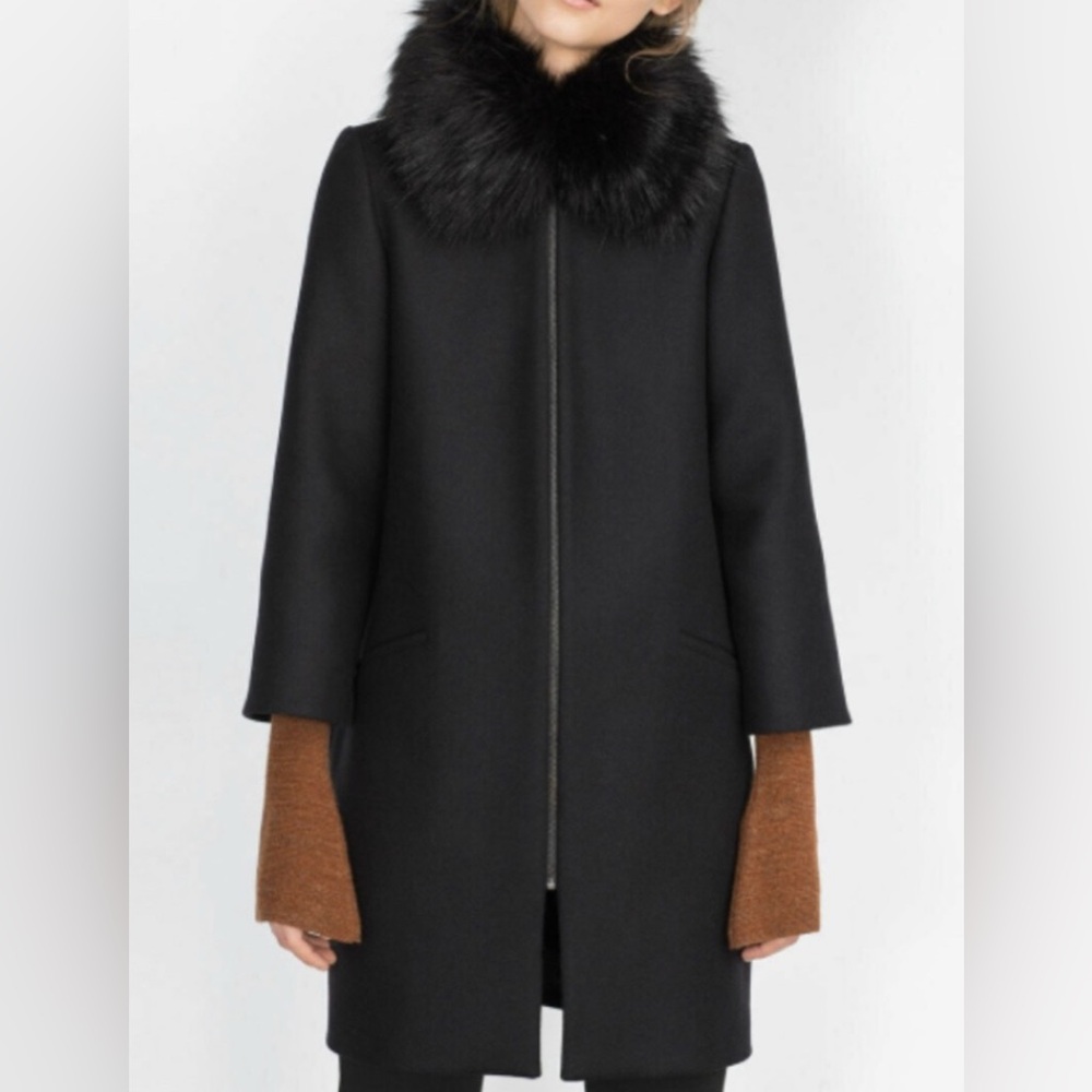 Zara Black Wool Blend Overcoat Faux Fur Collar Elevated Classic Large